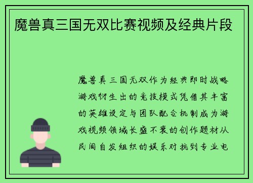 魔兽真三国无双比赛视频及经典片段