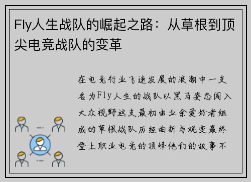 Fly人生战队的崛起之路：从草根到顶尖电竞战队的变革